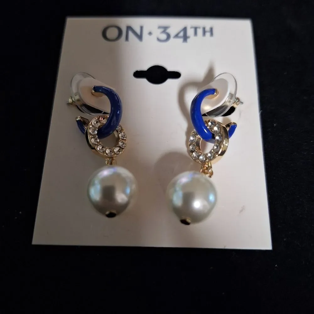 On 34th Gold-Tone Pave Blue Ring & Imitation Pearl Charm C-Hoop Earrings